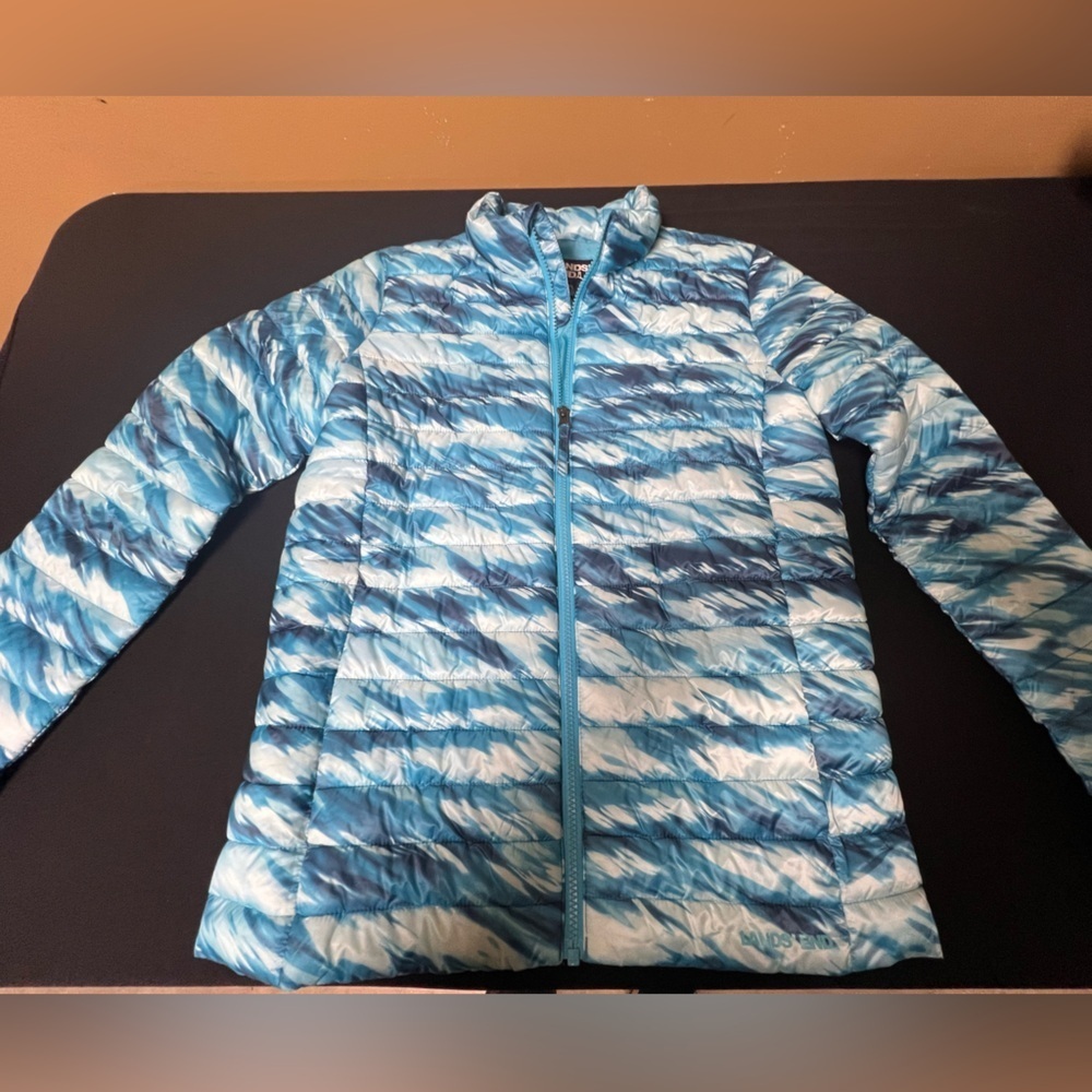LANDS END GIRLS BLUE TIE DYED QUILTED JACKET SIZE XL (14-16) WATER RESISTANT